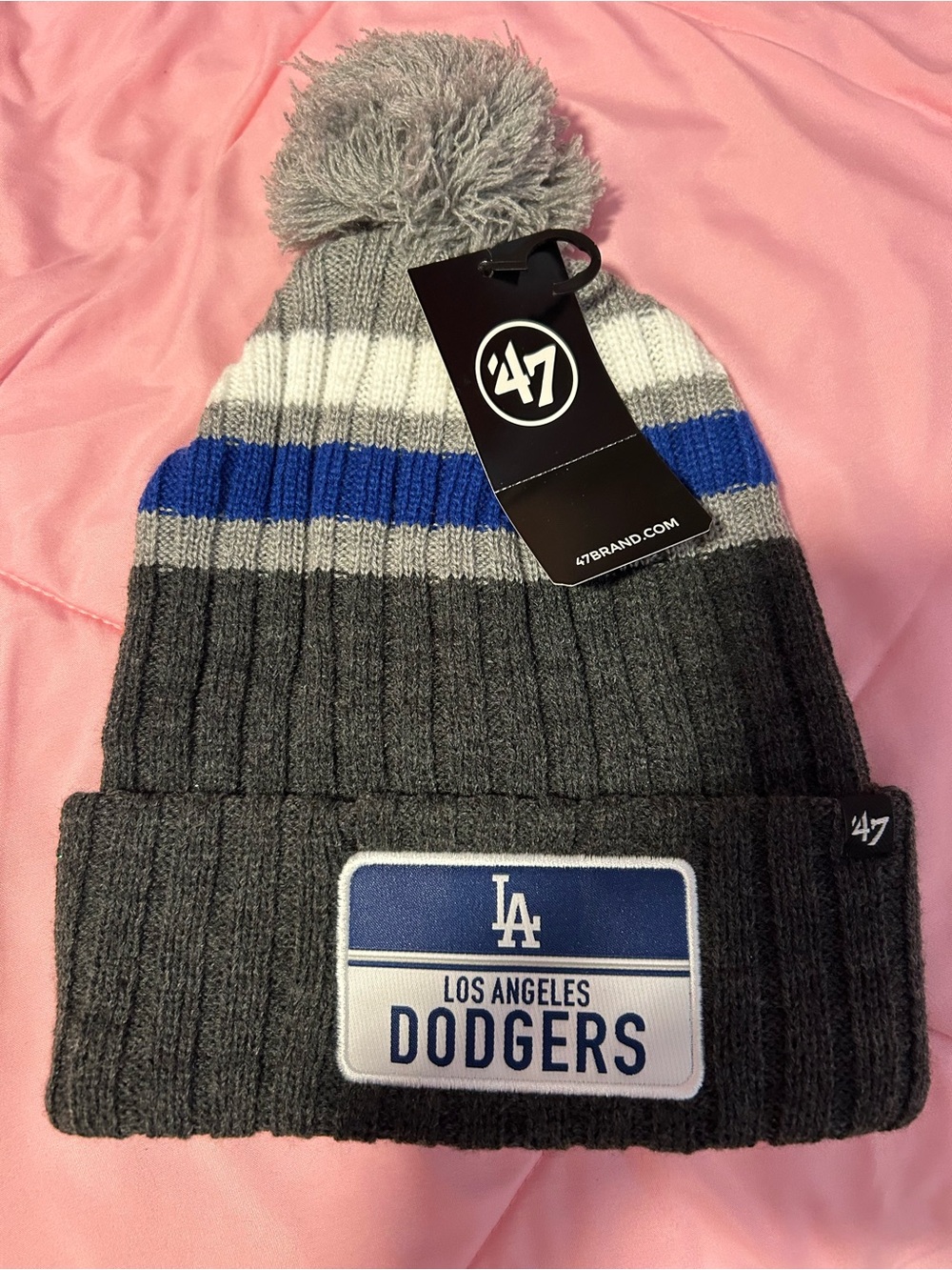 47 Adults Los Angeles Dodgers Gray & Blue Pom Beanie